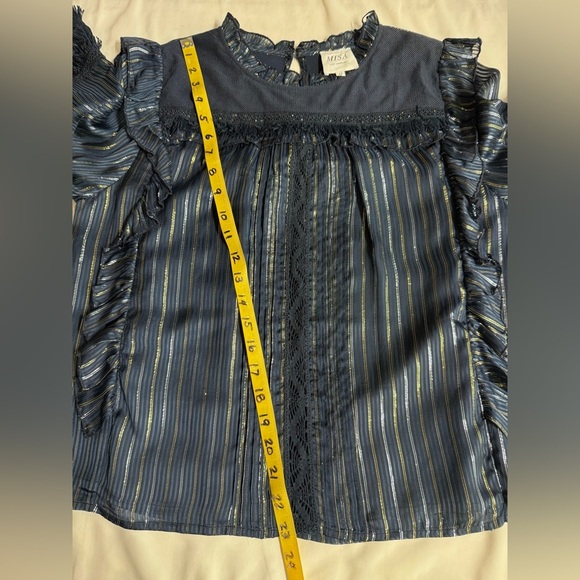 MISA LOS ANGELES Navy blue with gold stripe ruffle accent blouse size M - Picture 13 of 13
